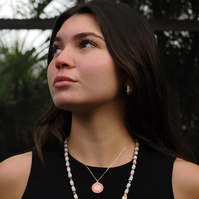 Thumbnail of Cheerful Neon Pink Evil Eye &  Diamond Pendant Gold Chain Necklace - Orange image