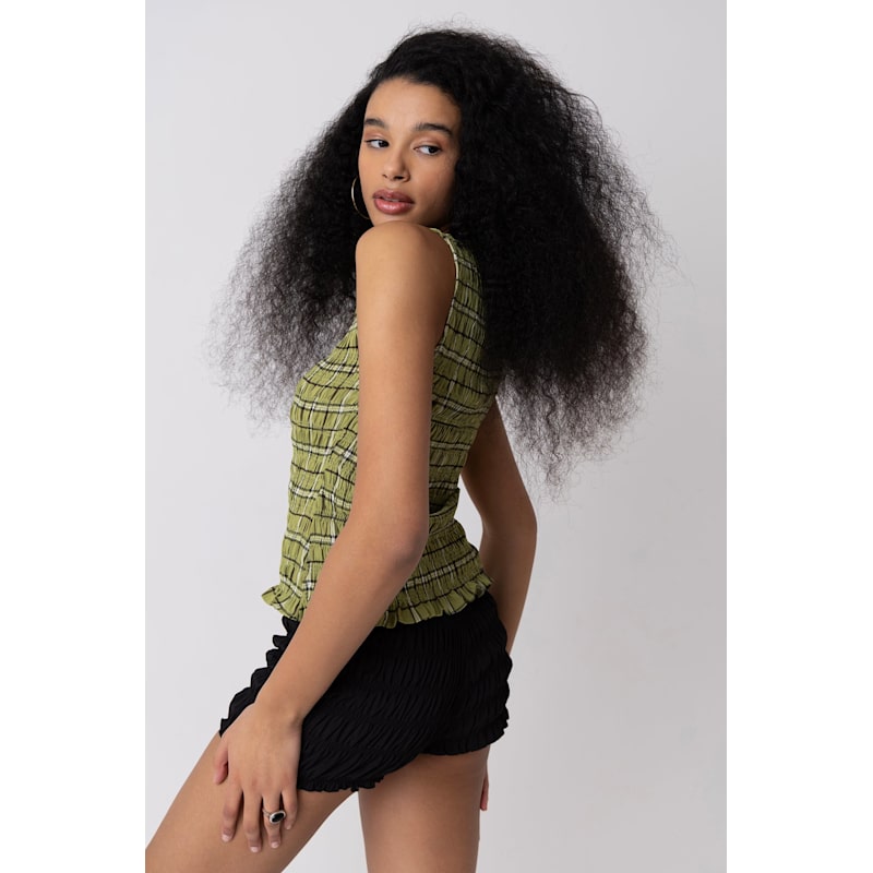 Thumbnail of Cher Shirred Green Plaid Top image