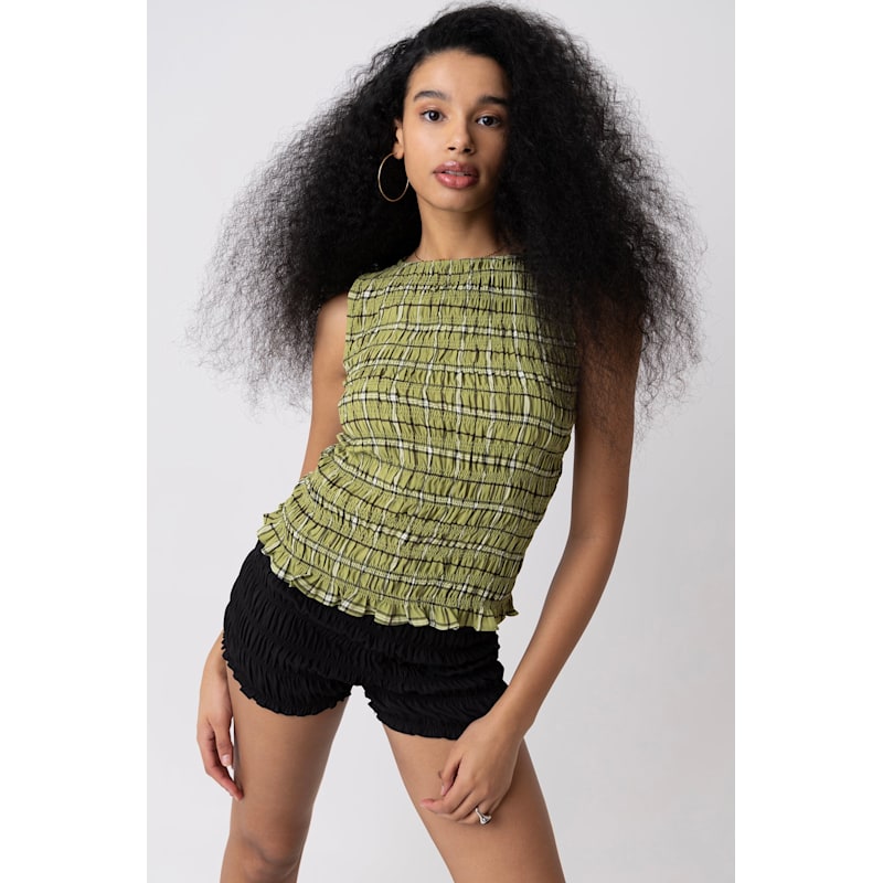 Thumbnail of Cher Shirred Green Plaid Top image