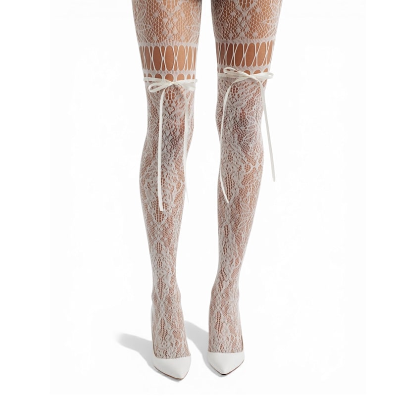 Thumbnail of Chevonne Lace And Satin Fishnet Tights - White image
