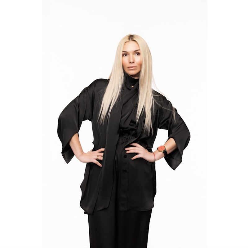 Thumbnail of Chic Satin Shirt And Pants Two-Piece Set Black image