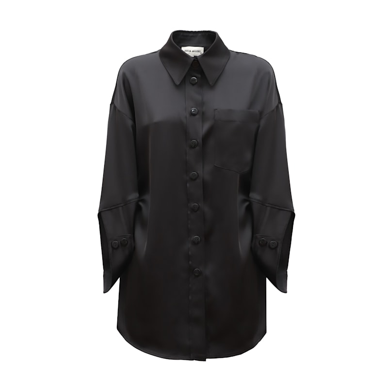 Thumbnail of Chic Satin Shirt And Pants Two-Piece Set Black image