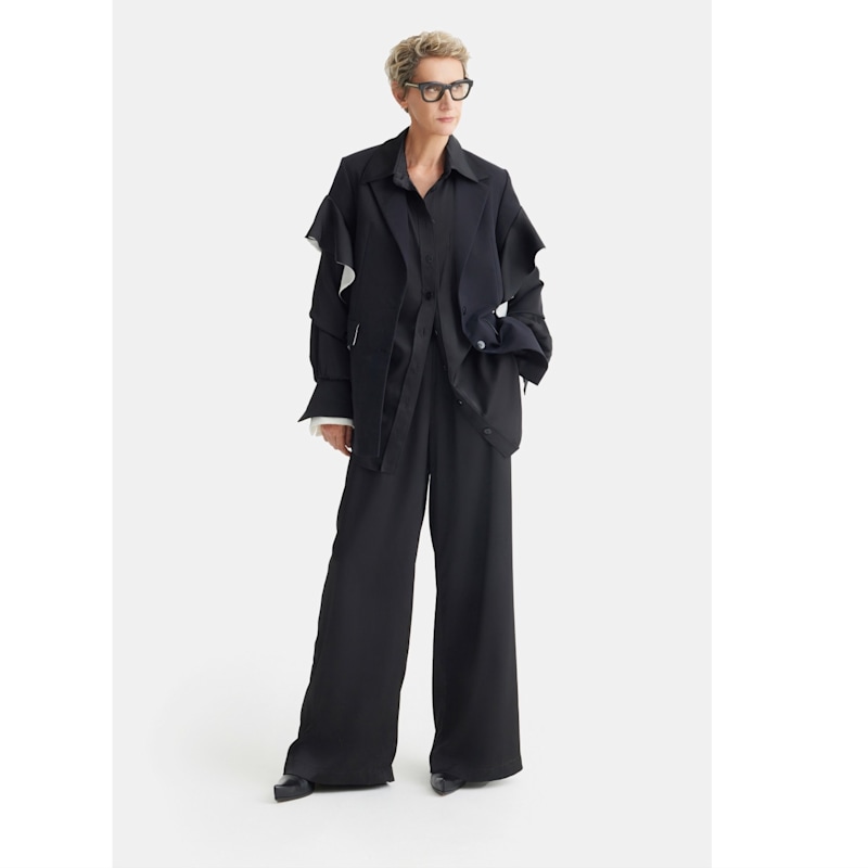 Thumbnail of Chic Satin Shirt And Pants Two-Piece Set Black image