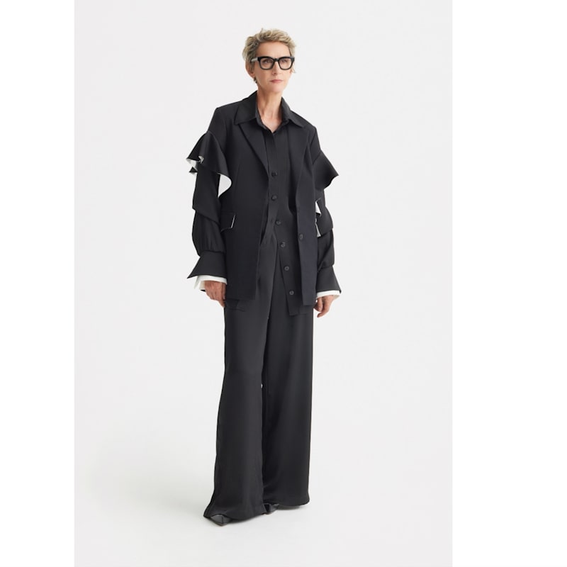 Thumbnail of Chic Satin Shirt And Pants Two-Piece Set Black image