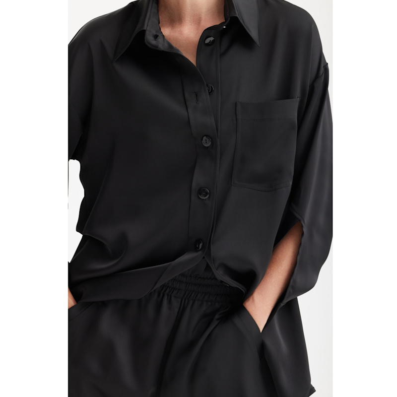 Thumbnail of Chic Satin Shirt And Pants Two-Piece Set Black image
