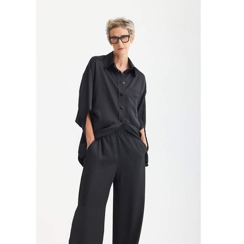 Thumbnail of Chic Satin Shirt And Pants Two-Piece Set Black image