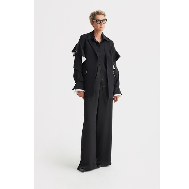 Thumbnail of Chic Satin Shirt And Pants Two-Piece Set Black image
