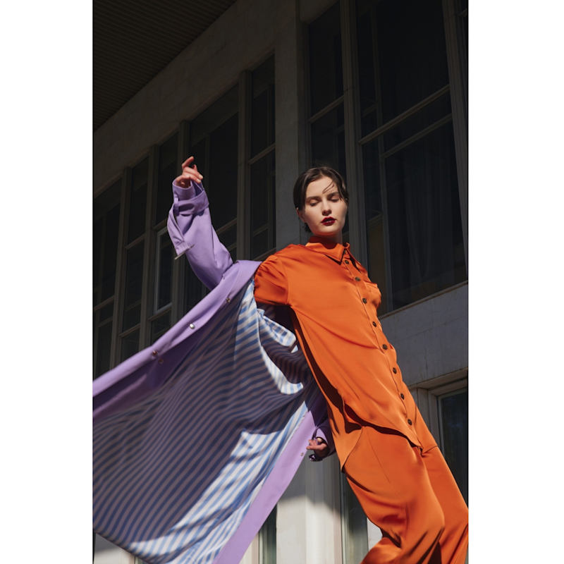 Thumbnail of Chic Satin Shirt And Pants Two-Piece Set Orange image