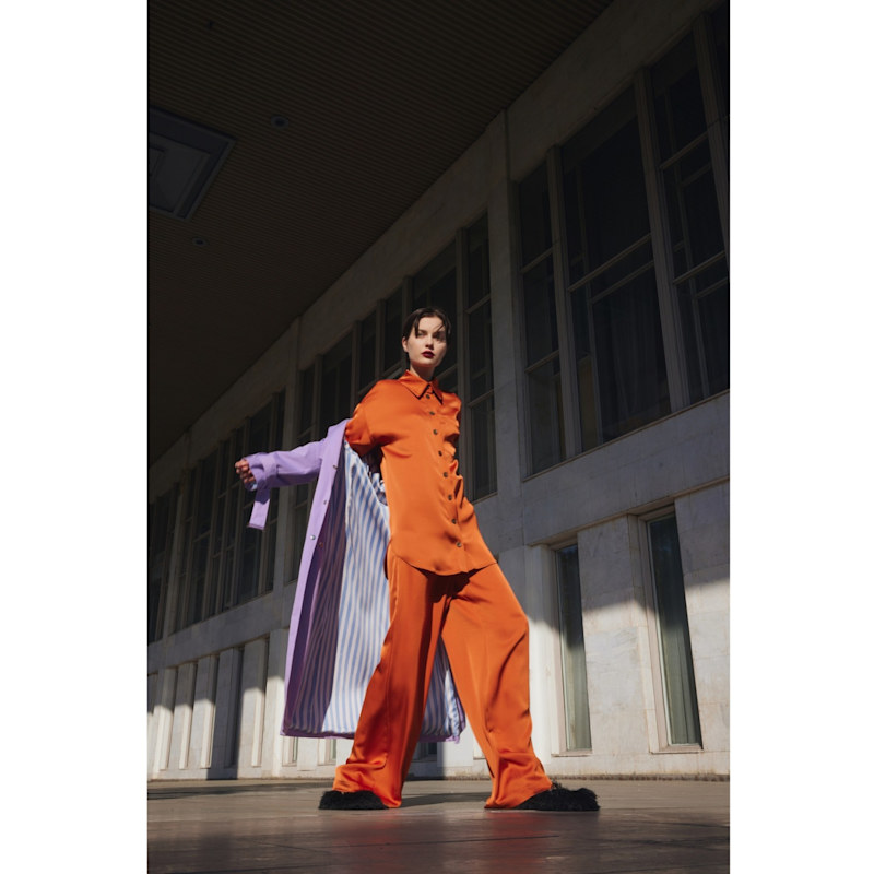 Thumbnail of Chic Satin Shirt And Pants Two-Piece Set Orange image