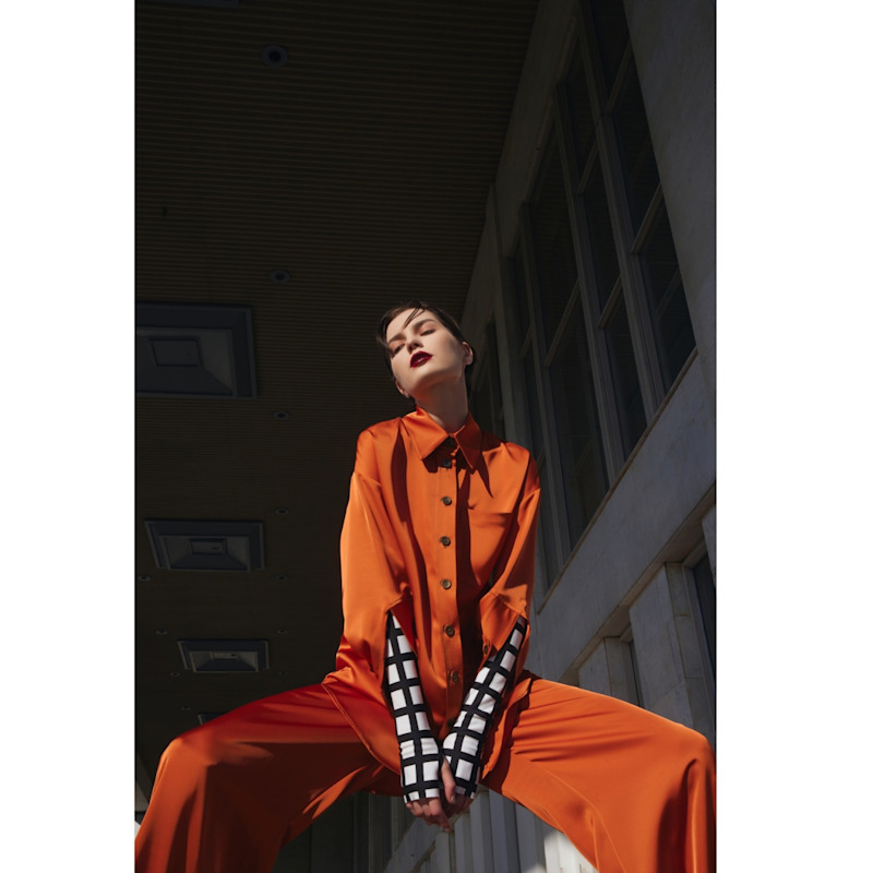 Thumbnail of Chic Satin Shirt And Pants Two-Piece Set Orange image
