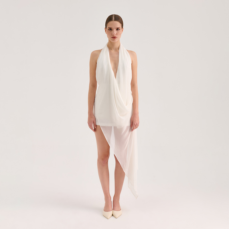 Thumbnail of Chiffon Mini Draped Dress - Ecru image