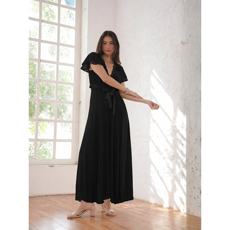 Rose & Nancy Lace Detail Tie Waist Maxi Dress - Black