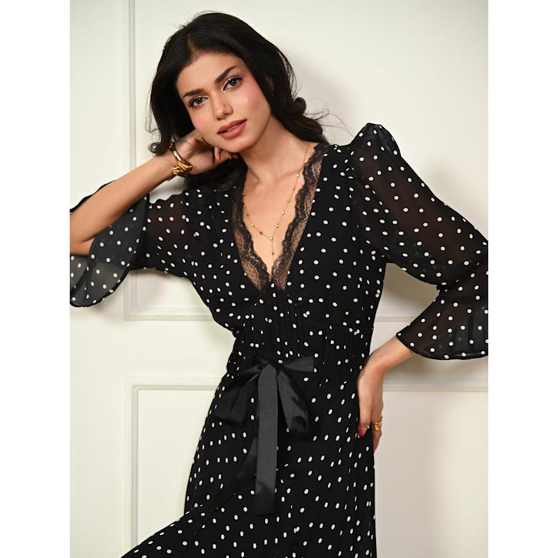 Chloe Black Polka Dot Lace Trim Tie Waist Maxi Dress | Rose