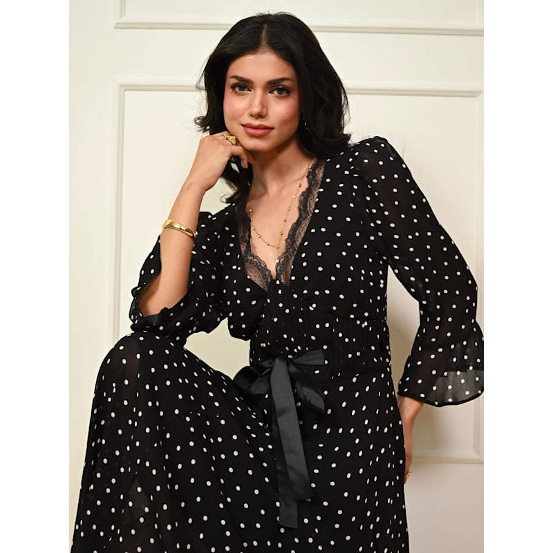 Chloe Black Polka Dot Lace Trim Tie Waist Maxi Dress | Rose