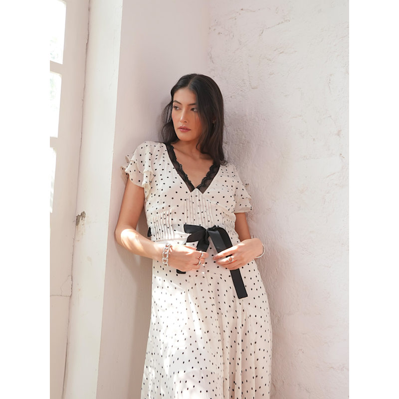 Thumbnail of Chloe Polka Dot Print Lace Detail Tie Waist Maxi Dress image