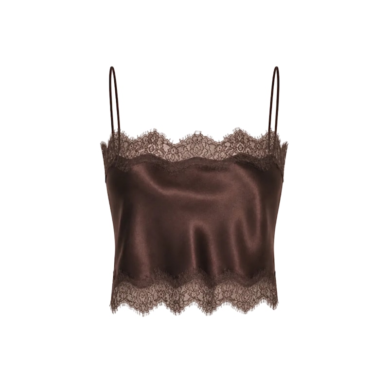 Chocolate Lace Trim Cropped Silk Top | Lily Rou | Wolf & Badger