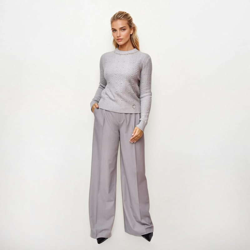 Thumbnail of High-Waisted Wide-Leg Tailored Trousers – Light Grey image