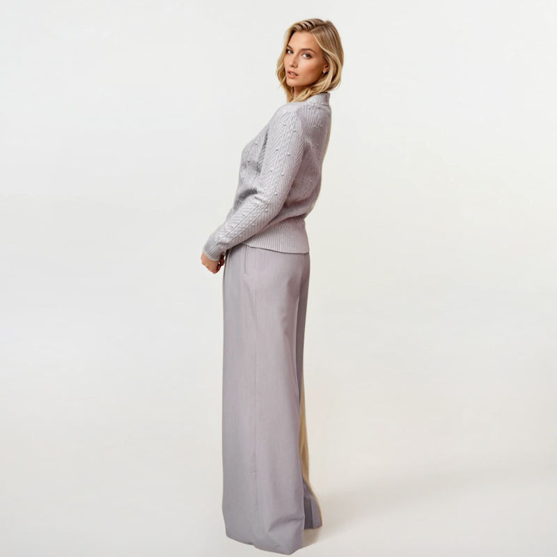 Thumbnail of High-Waisted Wide-Leg Tailored Trousers – Light Grey image