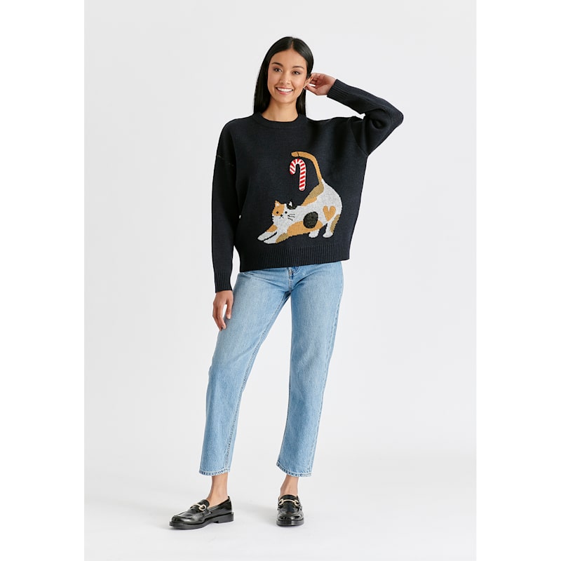 Thumbnail of Christmas Jumper With Cat & Candy Cane In Navy image