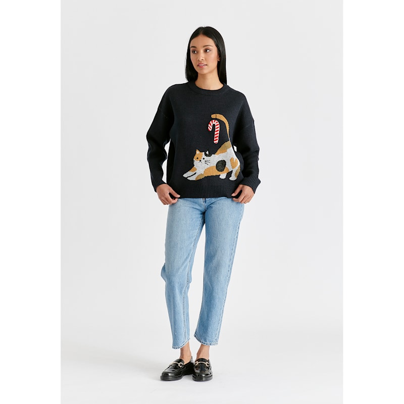 Thumbnail of Christmas Jumper With Cat & Candy Cane In Navy image
