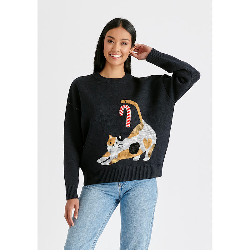 Thumbnail of Christmas Jumper With Cat & Candy Cane In Navy image