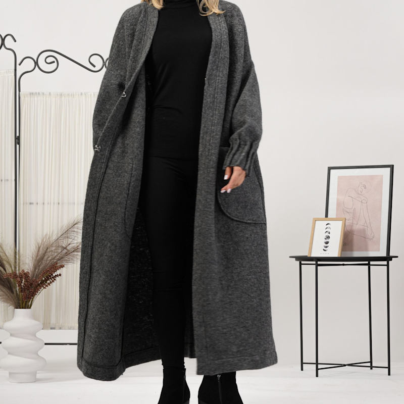 Thumbnail of Chunky Oversized Boiled Wool Cardigan With Huge Pockets In Charcoal Gray image