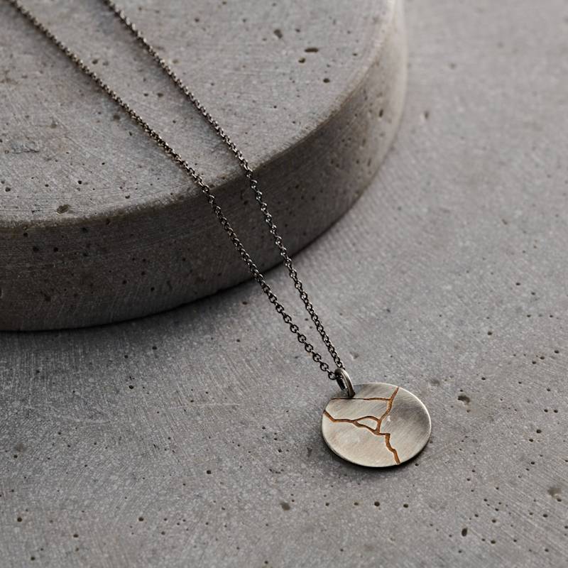 Thumbnail of Men's Oxidised Silver Kintsugi Disc Necklace image