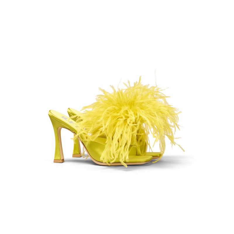 Thumbnail of Ciao Amore Satin Mule With Feather Puff In Mykonian Sun Yellow image