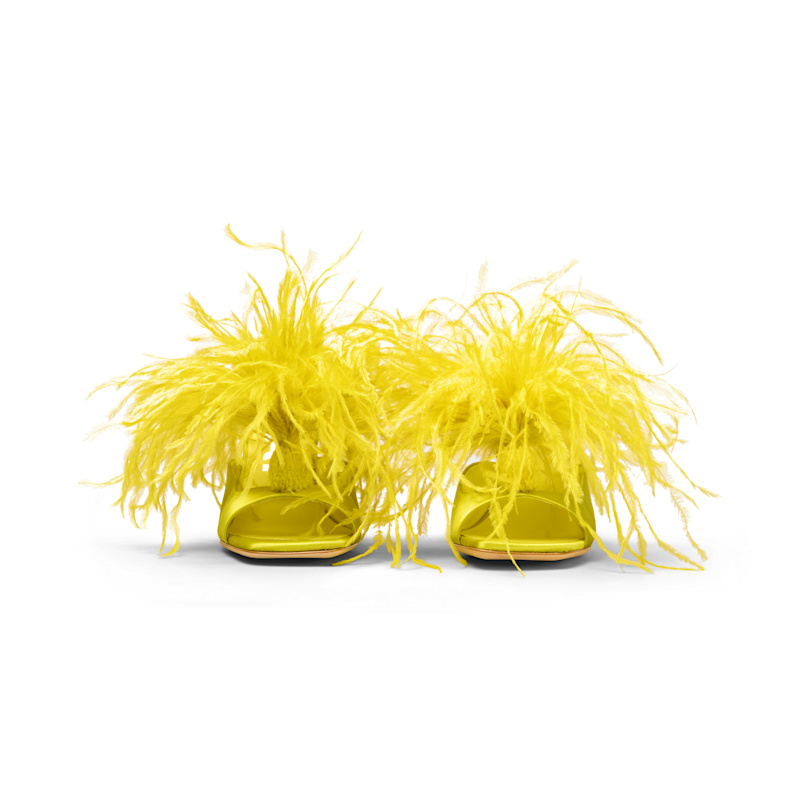 Thumbnail of Ciao Amore Satin Mule With Feather Puff In Mykonian Sun Yellow image