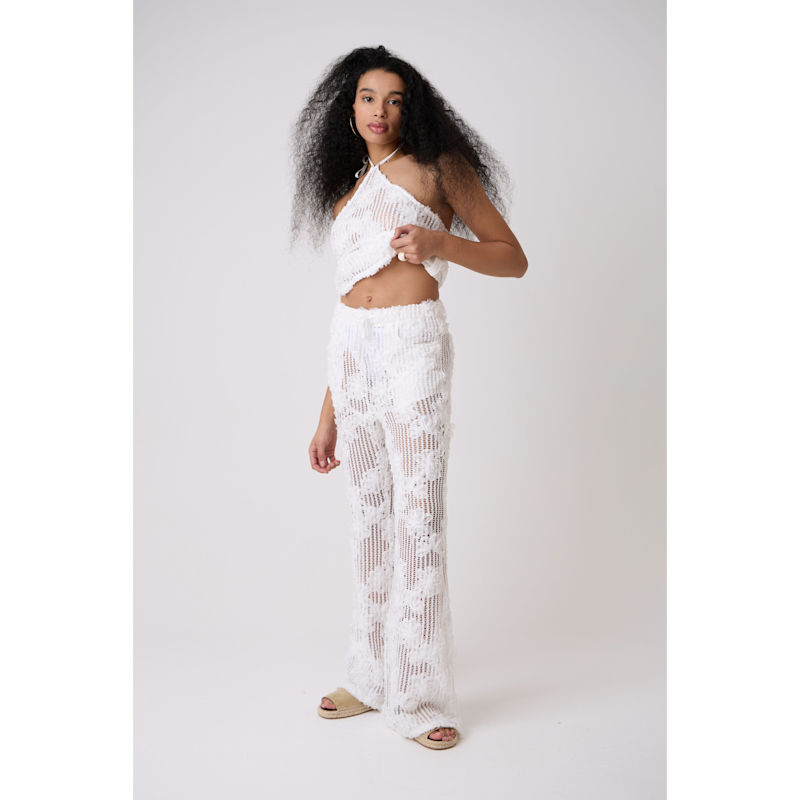Thumbnail of Cici White Crochet Floral Lace Wide Leg Trouser image