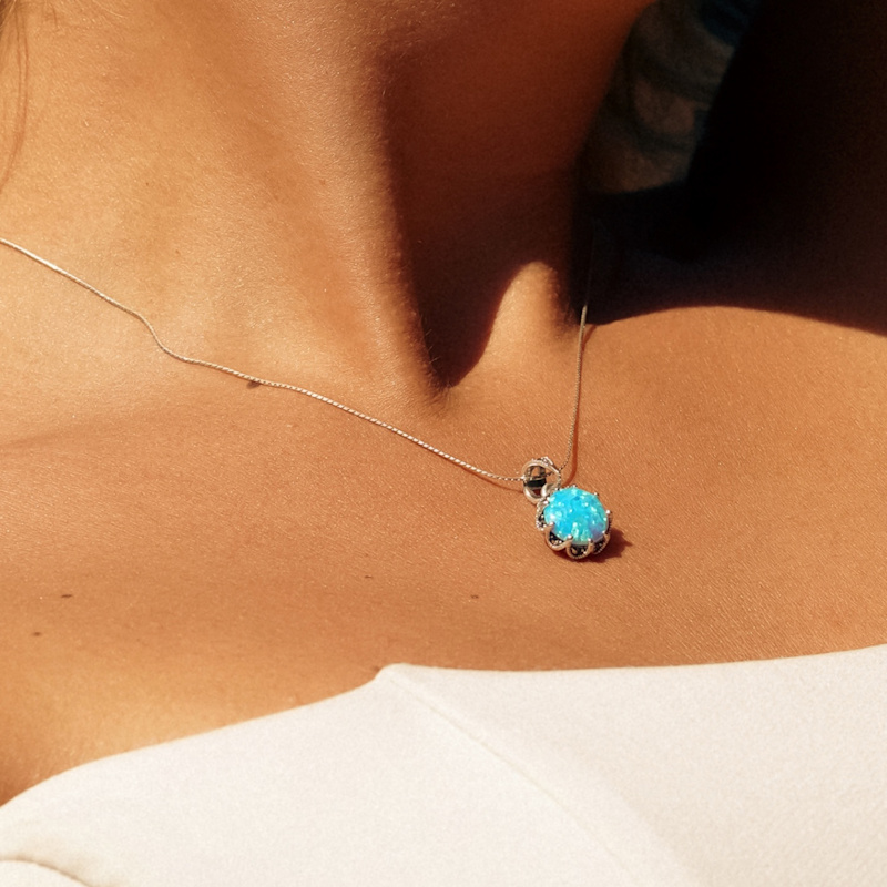 Thumbnail of High Quality Round Opal Sterling Silver Earring & Necklace Set - Light Blue image