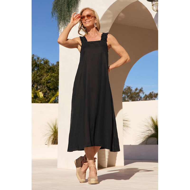 Adrift Clothing Claire Maxi Linen Dress With Frilled Straps - Black