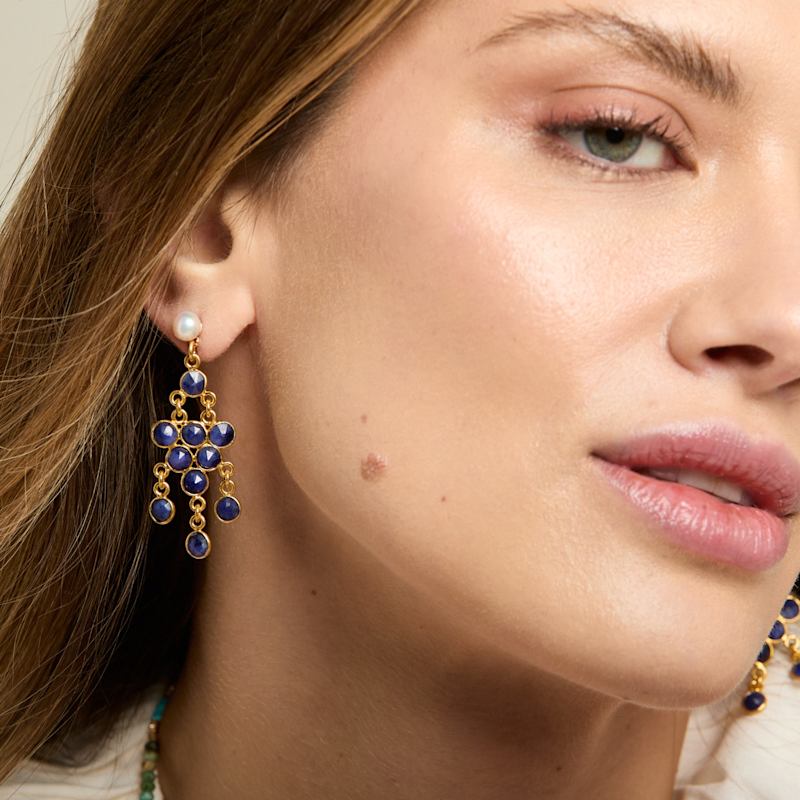 Thumbnail of Clara Cultured Freshwater Pearl Earrings & Sapphire Chandelier Earrings image