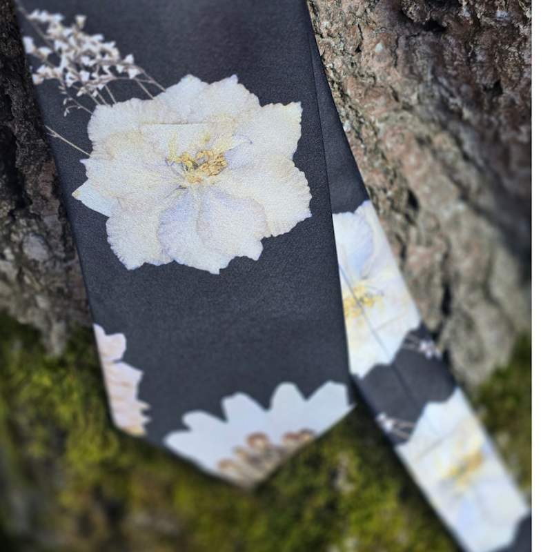 Thumbnail of 'Strength' Classic Black Satin Tie - Floral Pattern Design image