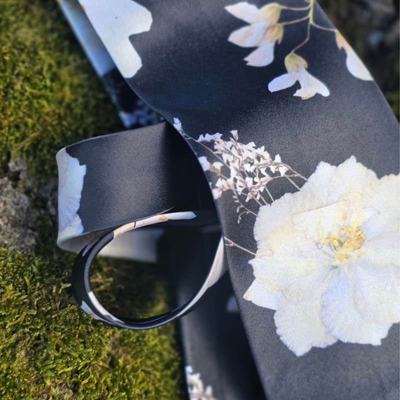 Thumbnail of 'Strength' Classic Black Satin Tie - Floral Pattern Design image