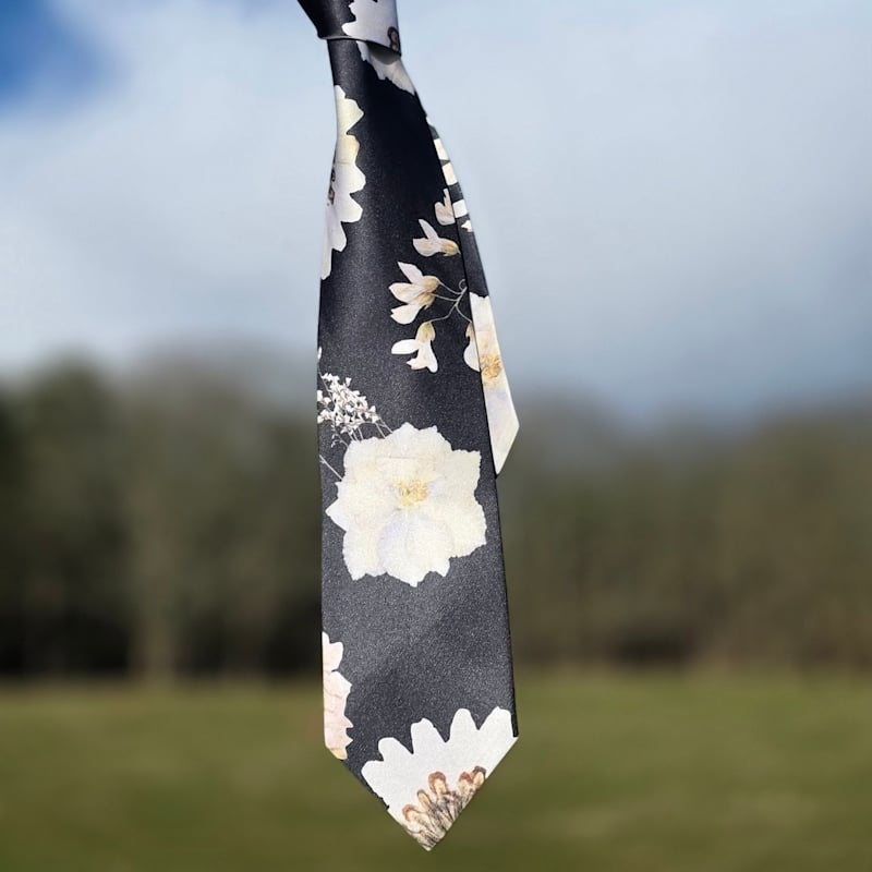 Thumbnail of 'Strength' Classic Black Satin Tie - Floral Pattern Design image