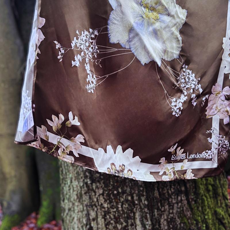 Thumbnail of 'Home' Classic Chocolate Brown Pure Silk Floral Scarf - Large Square Flower Print image