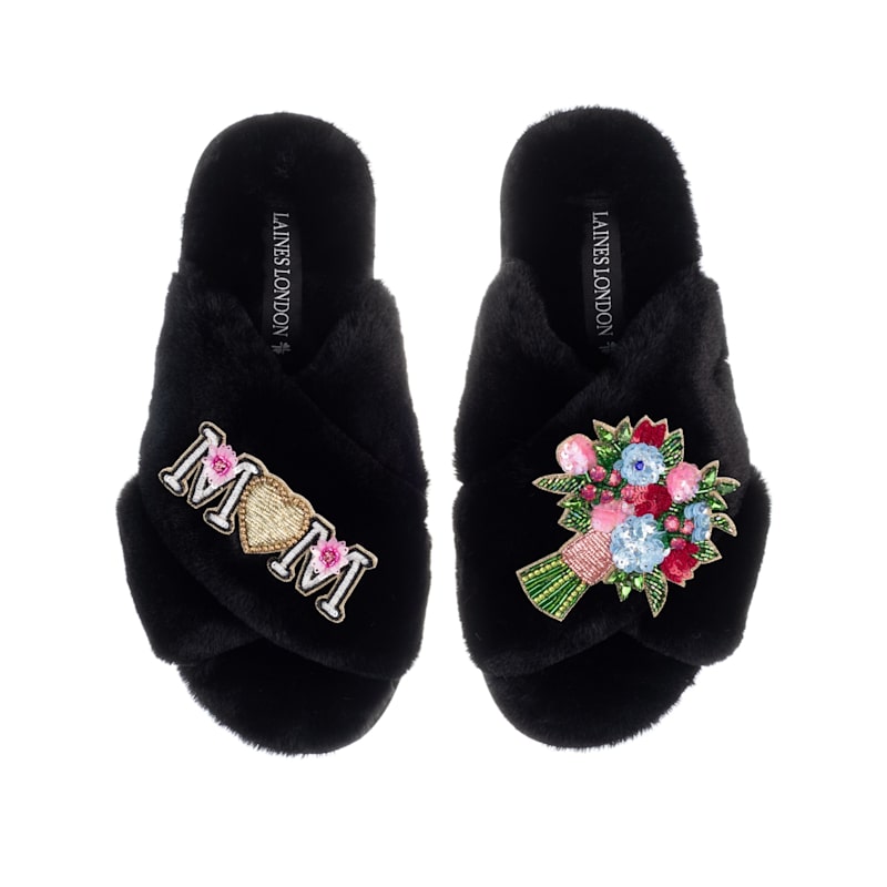 Classic Laines Mother's Day Slippers With Floral Bouquet Mum Mom  Brooches Black by LAINES LONDON
