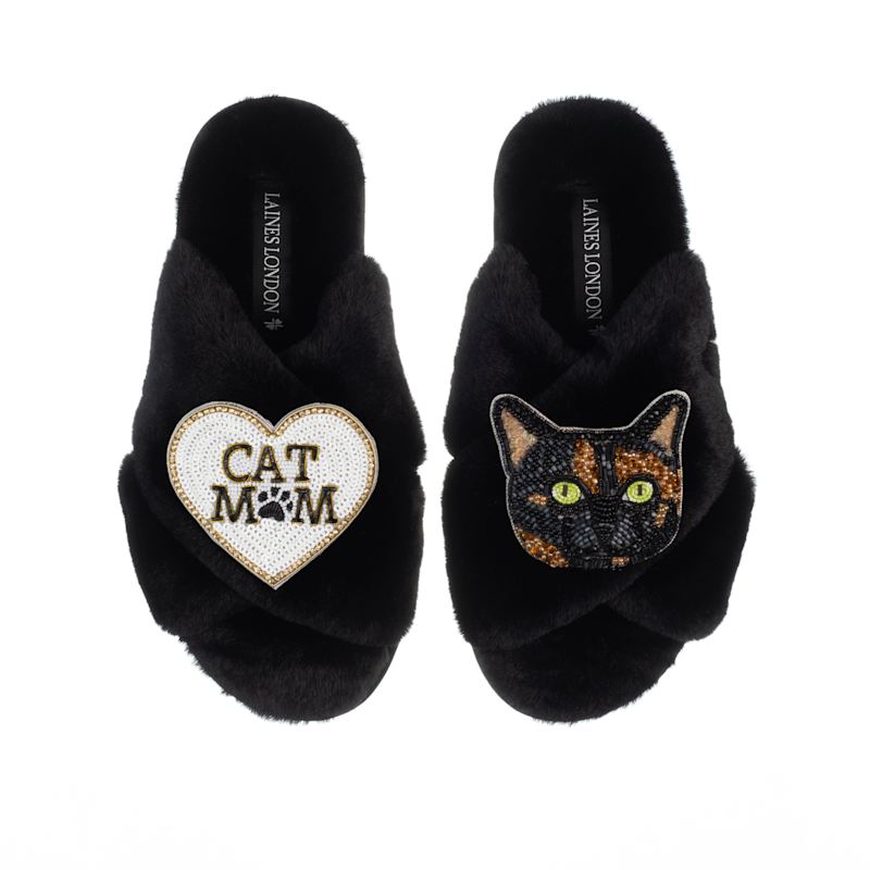 Thumbnail of Classic Laines Slippers With Cat Mum/Mom & Misty The Tortoiseshell Cat Brooches - Black image