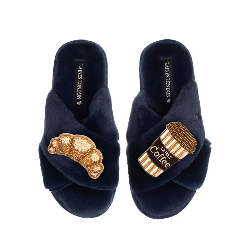 Thumbnail of Classic Laines Slippers With Coffee Cup & Croissant Brooches - Navy image