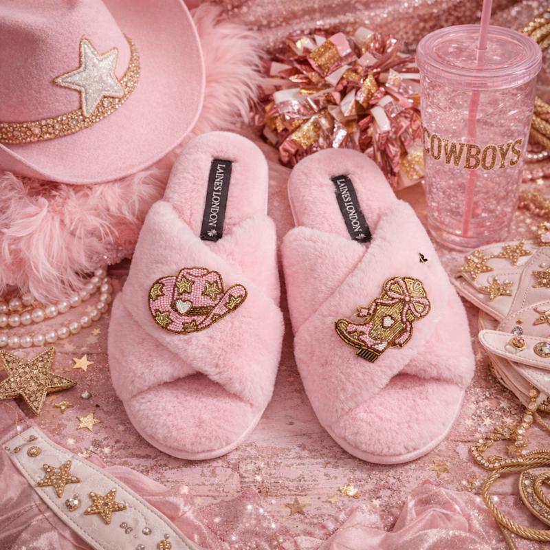 Thumbnail of Classic Laines Slippers With Cowgirl Hat & Cowgirl Boots Brooches - Pink image
