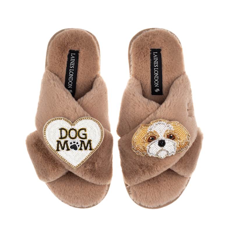 Thumbnail of Classic Laines Slippers With Dog Mum / Mom & Gold & White Shih Tzu Brooches - Toffee image