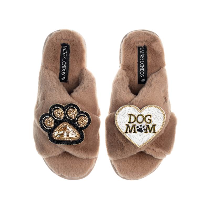 Classic Laines Slippers With Dog Mom Mom Paw Brooches Toffee