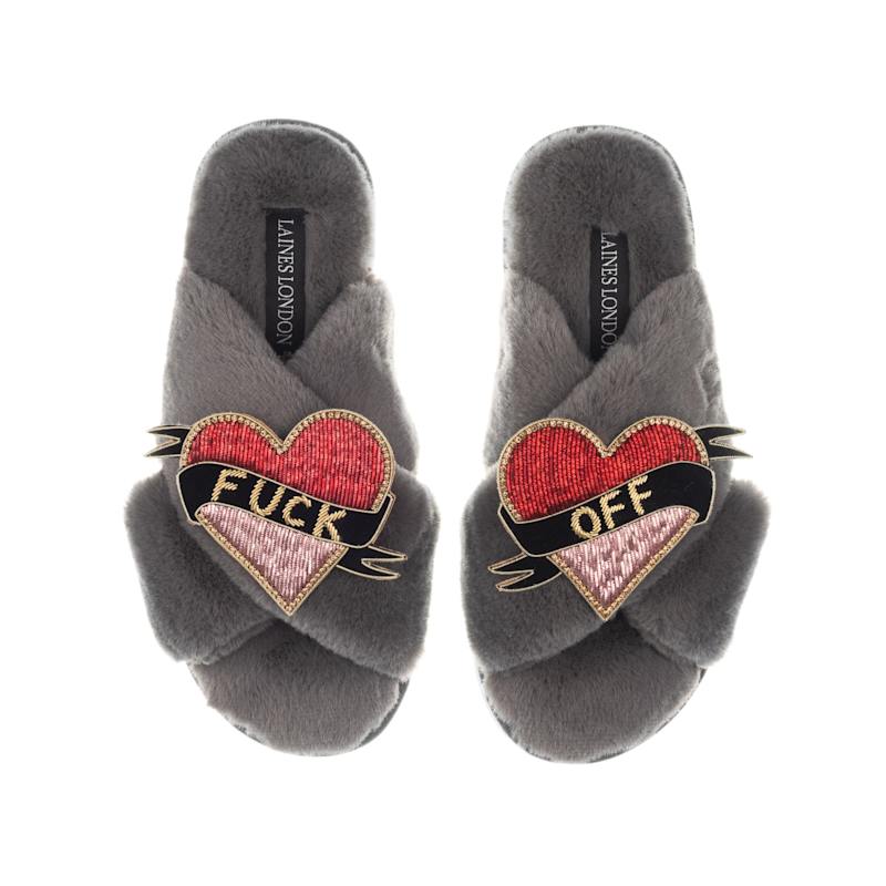 Classic Laines Slippers With Fuck Off Brooches - Grey | LAINES