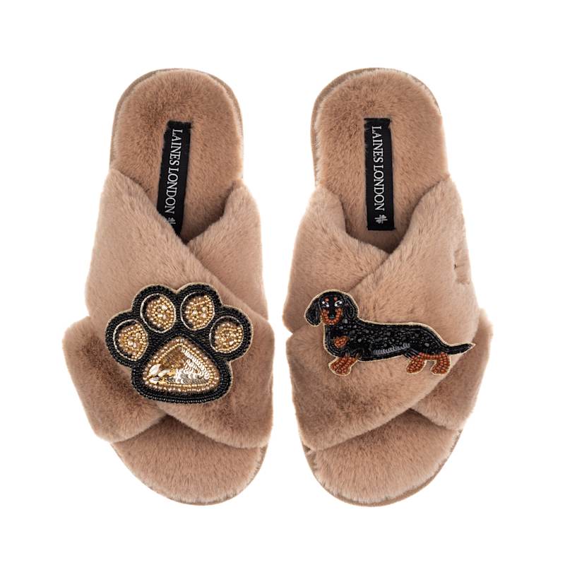Thumbnail of Classic Laines Slippers With Paw & Black & Tan Dachshund Brooches - Toffee image