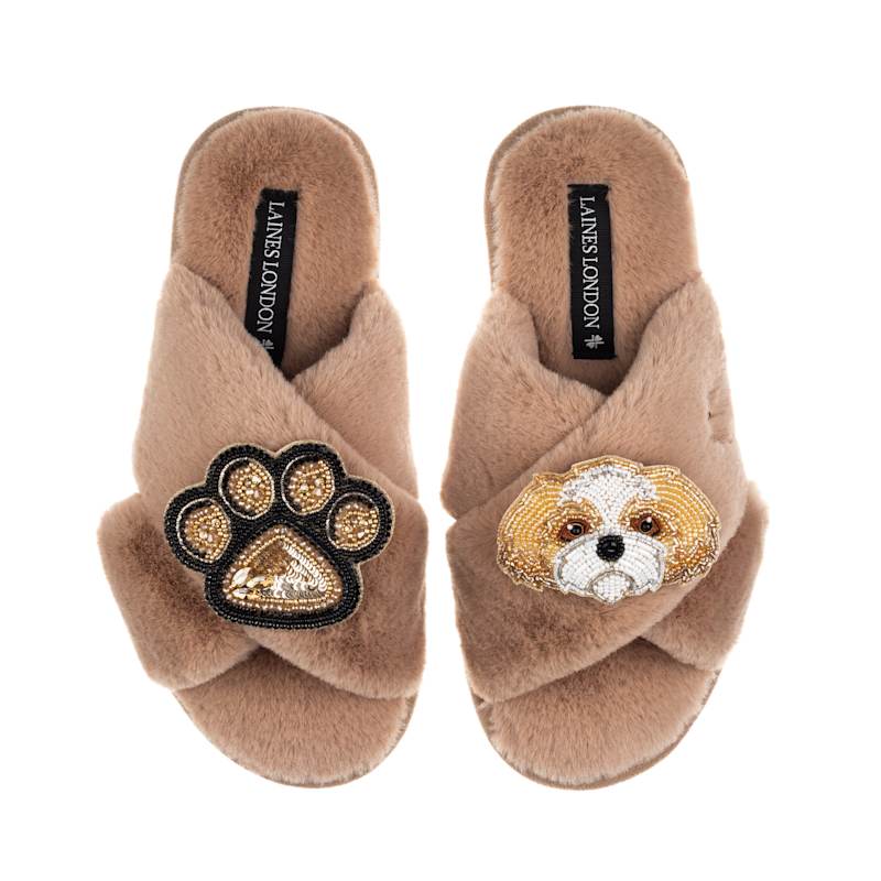 Thumbnail of Classic Laines Slippers With Paw & Gold & White Shih Tzu Brooches - Toffee image