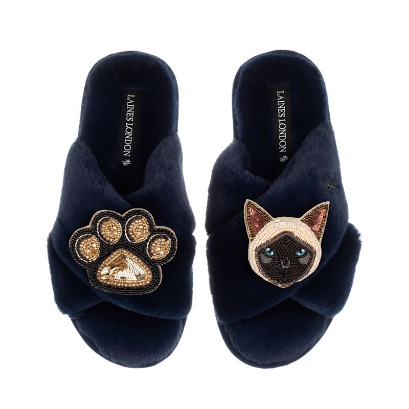 Thumbnail of Classic Laines Slippers With Paw & Siamese Cat Brooches - Navy image