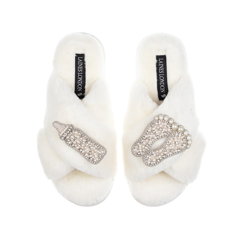 Classic Laines Slippers With Pearl New Baby Brooches - Cream - Cream