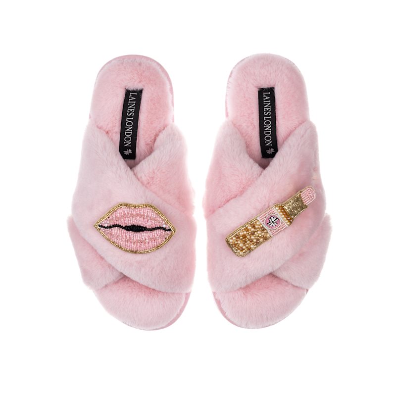 Thumbnail of Classic Laines Slippers With Pink Lipstick & Lips Brooches - Pink image