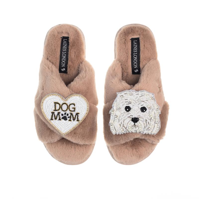Thumbnail of Classic Laines Slippers With Queenie The Bichon Frise & Dog Mum / Mom Brooches - Toffee image
